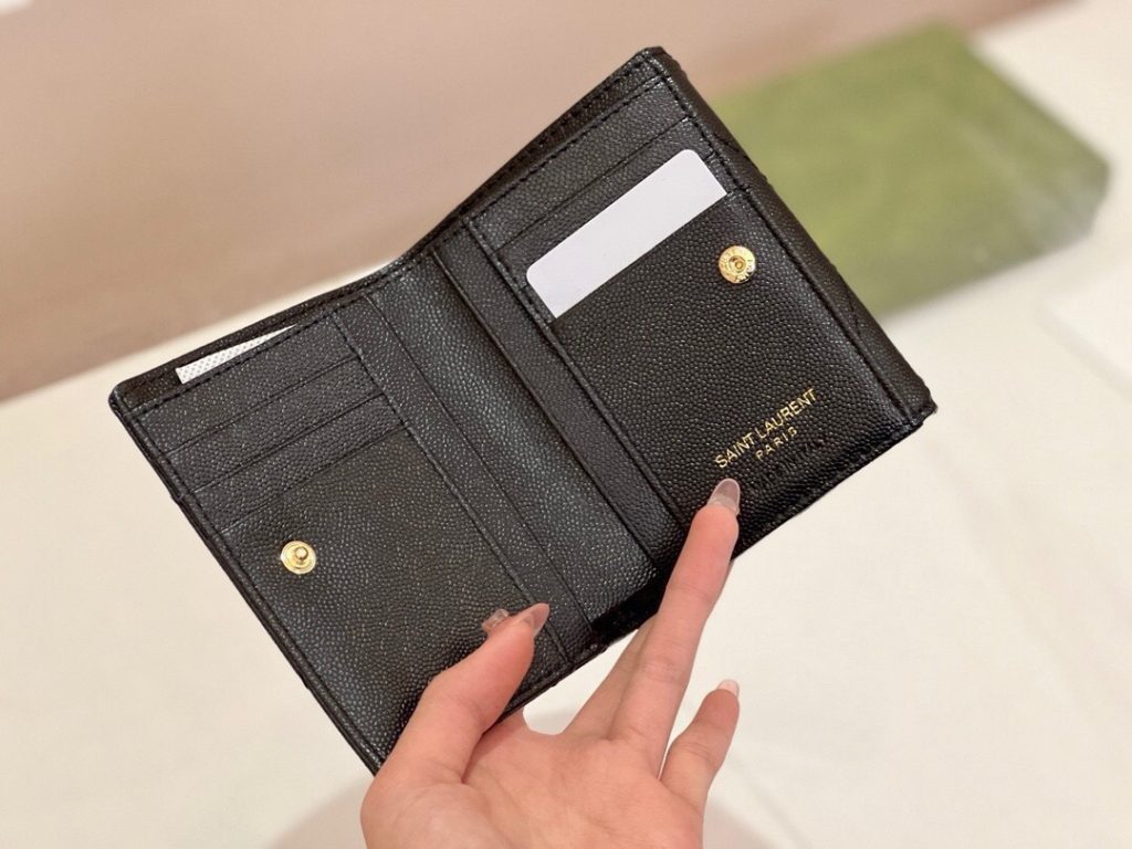 YSL セントローレン 7203 折り財布 魚子柄 本革 ファスナー 黒 枣紅 - 画像 7