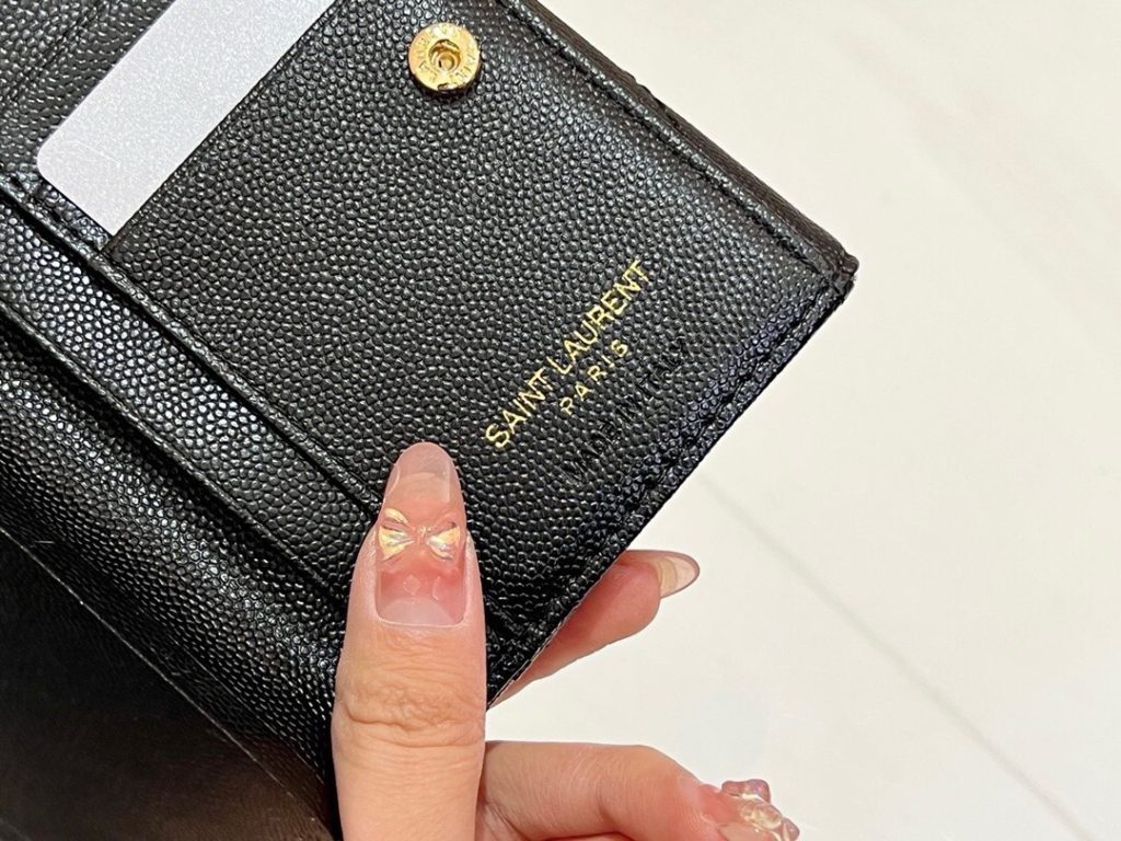YSL セントローレン 7203 折り財布 魚子柄 本革 ファスナー 黒 枣紅 - 画像 8