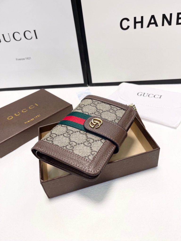 Gucci グッチ 三つ折り財布 ブラウン レッドグリーンストライプ 15x10cm - 画像 4