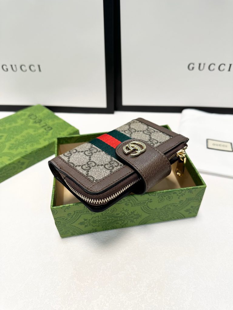 GUCCI グッチ 財布 ジップアラウンド ミニ財布 グッギーモノグラム レッド&グリーンストライプ ブラウン - 画像 3