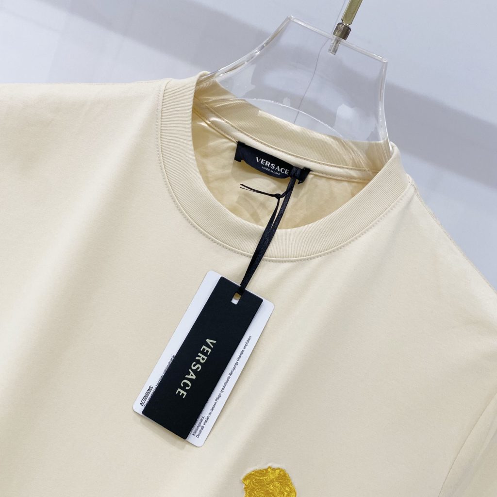 VERSACE/ヴェルサーチ シルクコットンTシャツ メデューサ刺繍 黒・白・杏色 - 画像 4