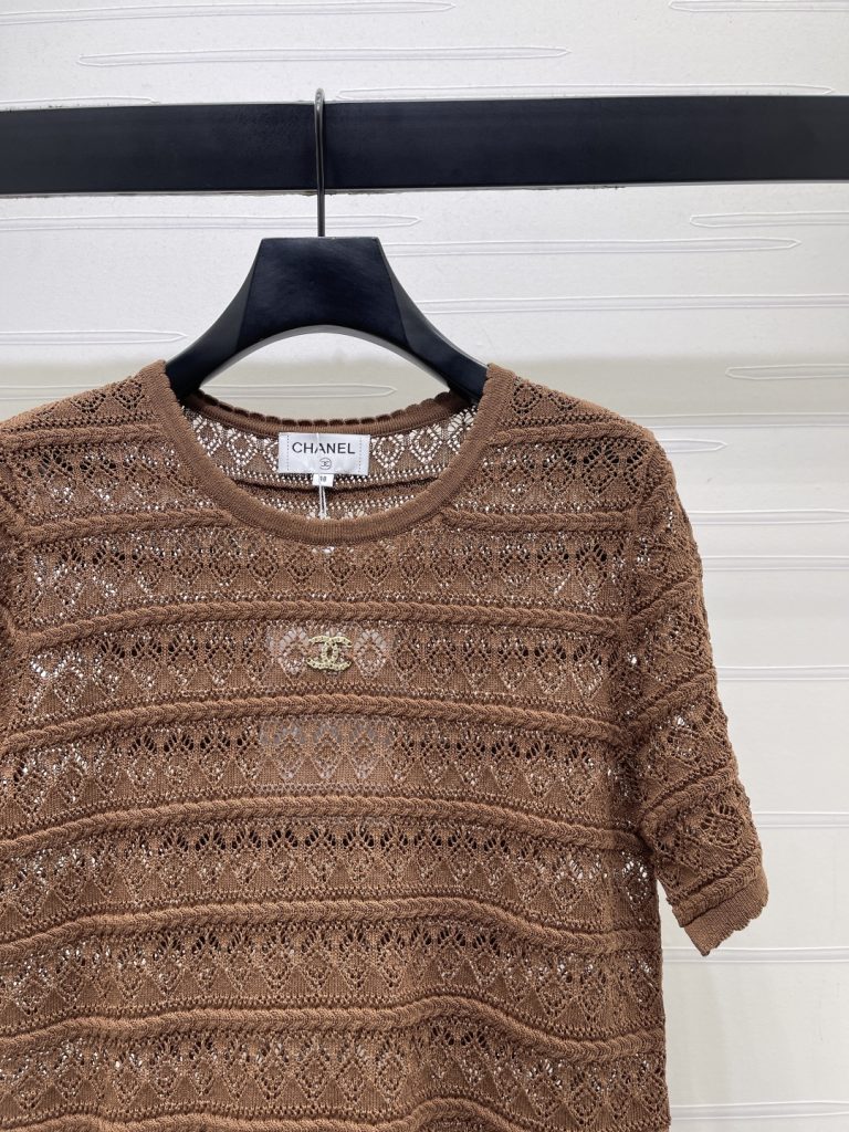 CHANEL コピー ニット Tシャツ レディース 通気性 オープンワーク ロゴ刺繍 シルエット 春夏 新作 カフェ風 全2色 - 画像 2