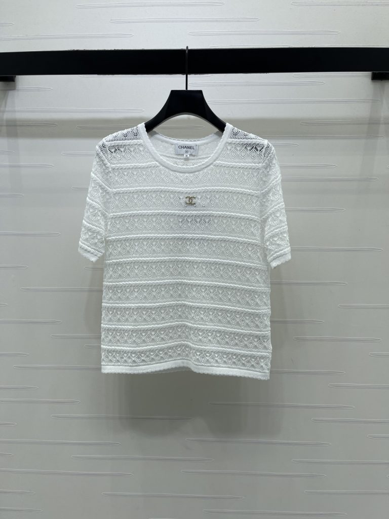 CHANEL コピー ニットTシャツ レディース 通気性抜群のレースデザイン 半袖 オーガンジー風 ホワイト ブラウン - 画像 2