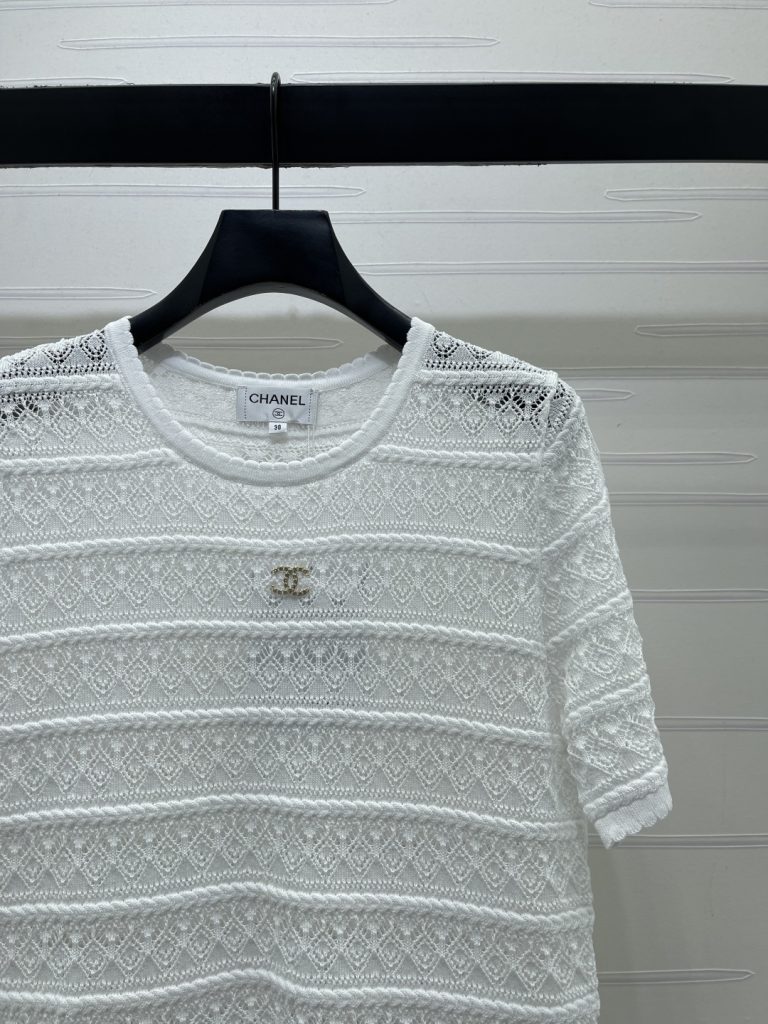 CHANEL コピー ニットTシャツ レディース 通気性抜群のレースデザイン 半袖 オーガンジー風 ホワイト ブラウン - 画像 3