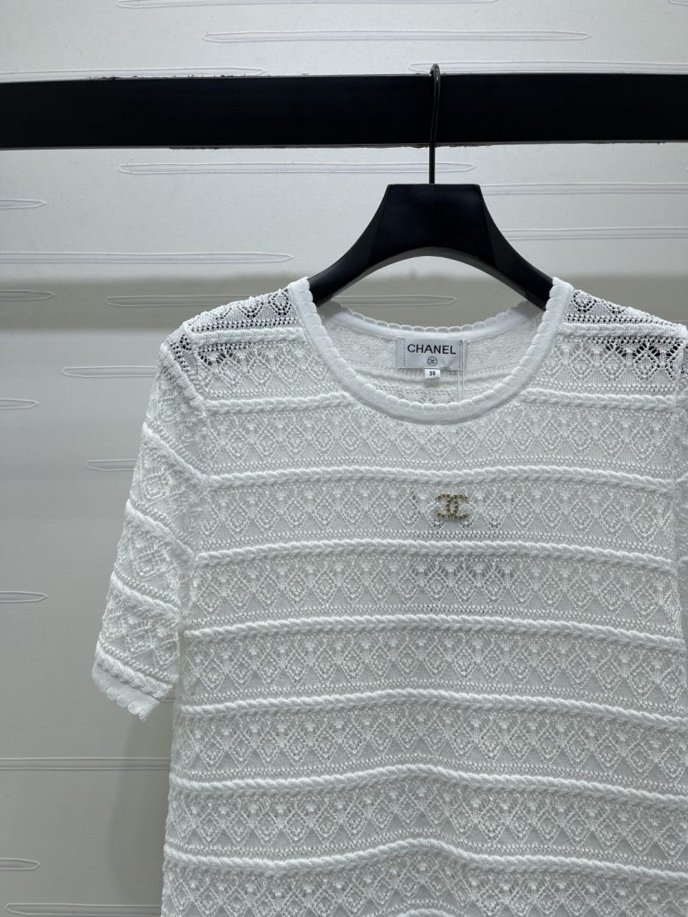 CHANEL コピー ニットTシャツ レディース 通気性抜群のレースデザイン 半袖 オーガンジー風 ホワイト ブラウン - 画像 4