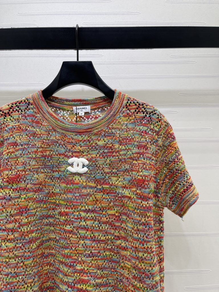 CHANEL コピー ニットTシャツ レディース ロゴデザイン 藍格柄 チェーン風柄 通気性 綿100% 3色展開 - 画像 2