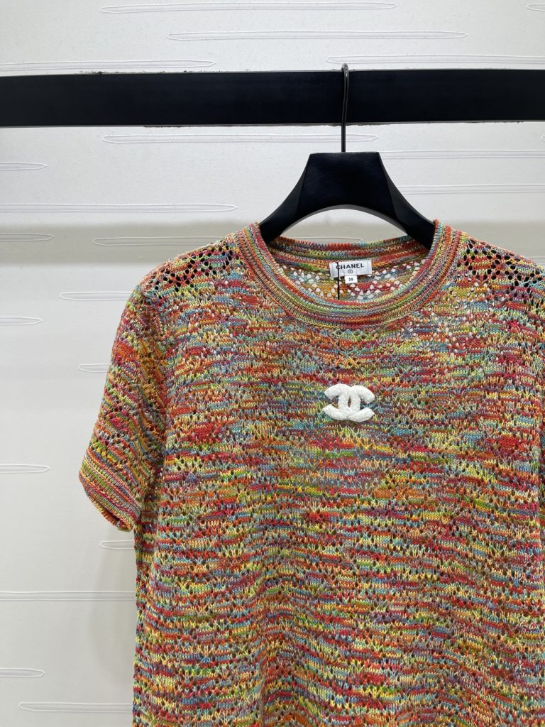 CHANEL コピー ニットTシャツ レディース ロゴデザイン 藍格柄 チェーン風柄 通気性 綿100% 3色展開 - 画像 3