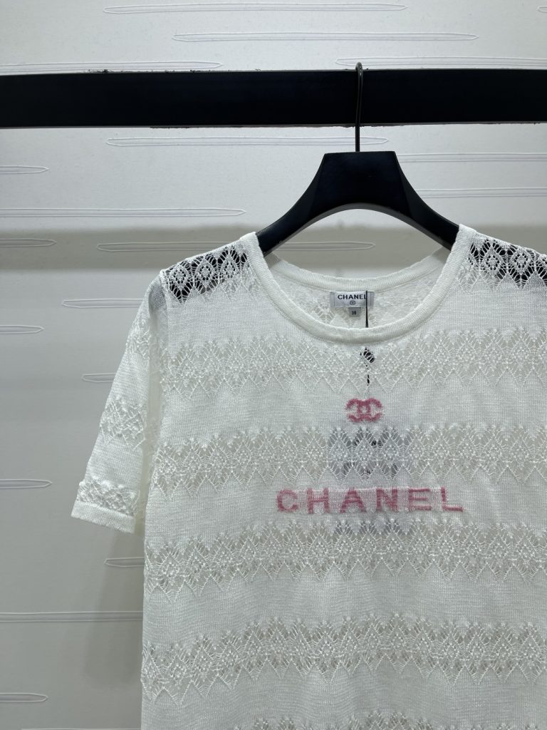 CHANEL ニット Tシャツ ロゴ刺繍 白 シンプル レディース ミニ丈 オフショルダー ストレッチ コピー - 画像 3
