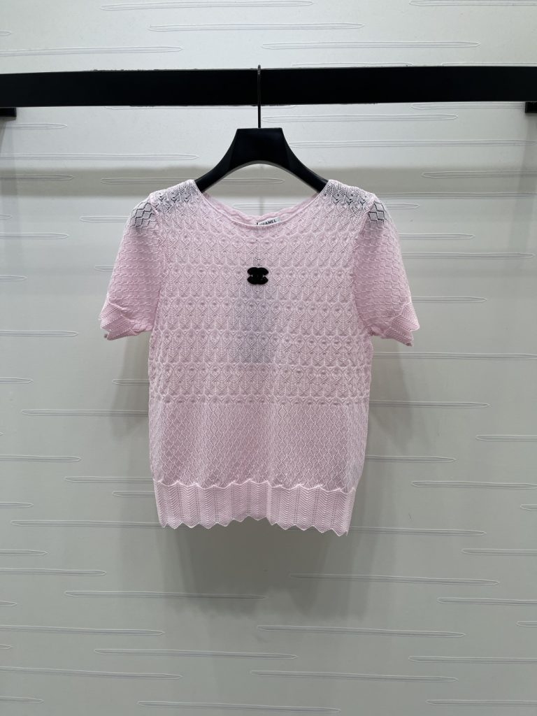 CHANEL ニット 半袖 Tシャツ コピー ロゴ刺繍 プリント柄 ピンク 全3色