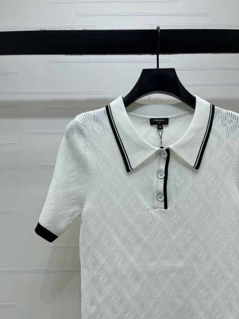 CHANEL コピー ニット ポロシャツ レディース 菱格柄 フラップカラー ダブルCボタン 2色展開 S-M-L - 画像 4