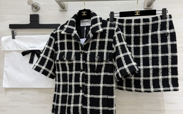 Chane♡²⁶ コピー ブラック レディース チェック柄 ショートジャケット+ハイウエストスカート セットアップ ニット素材 通勤 - 画像 1