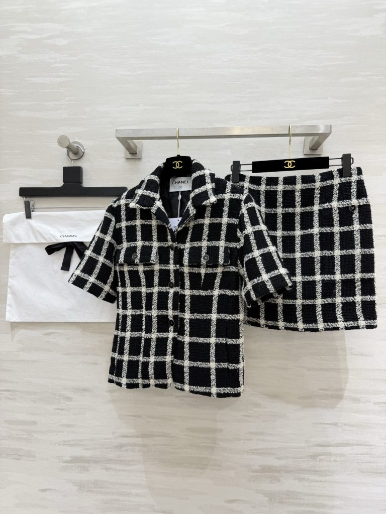 Chane♡²⁶ コピー ブラック レディース チェック柄 ショートジャケット+ハイウエストスカート セットアップ ニット素材 通勤 - 画像 1