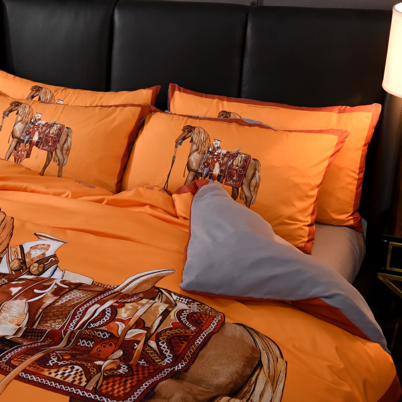 HERMES エルメス　掛け布団カバーセット4点　ダブルサイズ/キングサイズベッド　綿生地ベッドカバー　新居寝具用品　オレンジ馬柄 - 画像 4