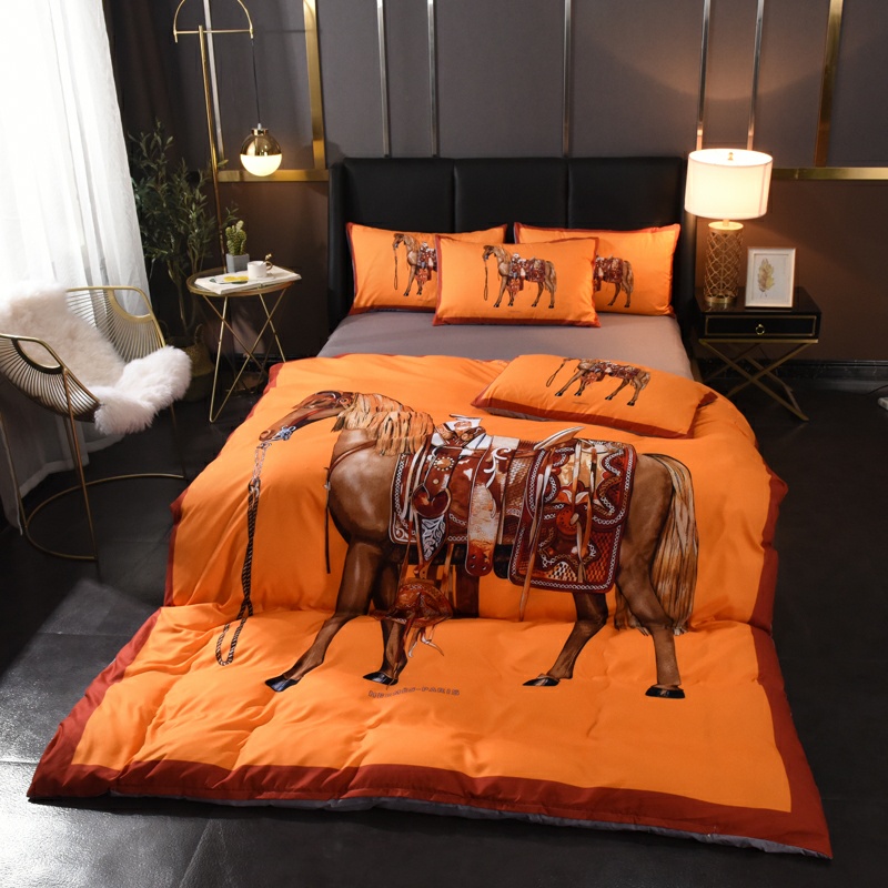 HERMES エルメス　掛け布団カバーセット4点　ダブルサイズ/キングサイズベッド　綿生地ベッドカバー　新居寝具用品　オレンジ馬柄 - 画像 2