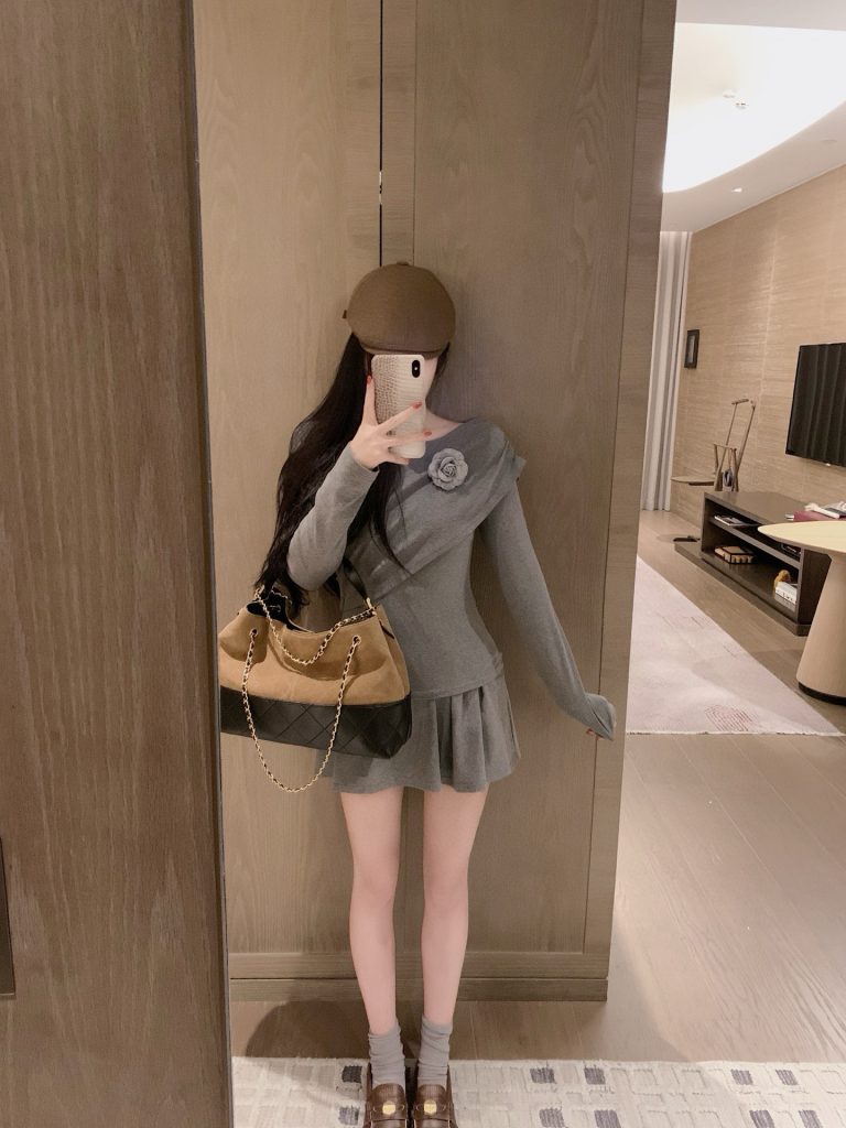 chanel グレー ロングスリーブ フラワーデザイン ワンピース 1色 - 画像 3