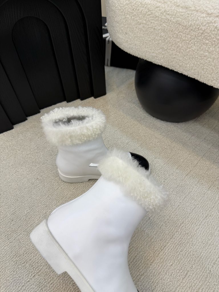 シャネル レディース アンクルブーツ 白 黒 ファー コントラストデザイン 保温性抜群 🧣 - 画像 7