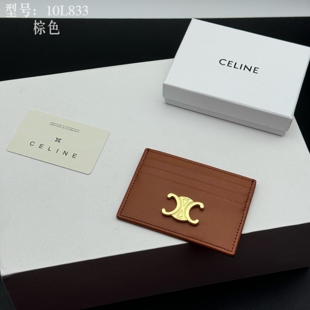 CELINE セリーヌ 10L833 棕色 カードケース ゴールドロゴ レザー メンズ レディース - 画像 3