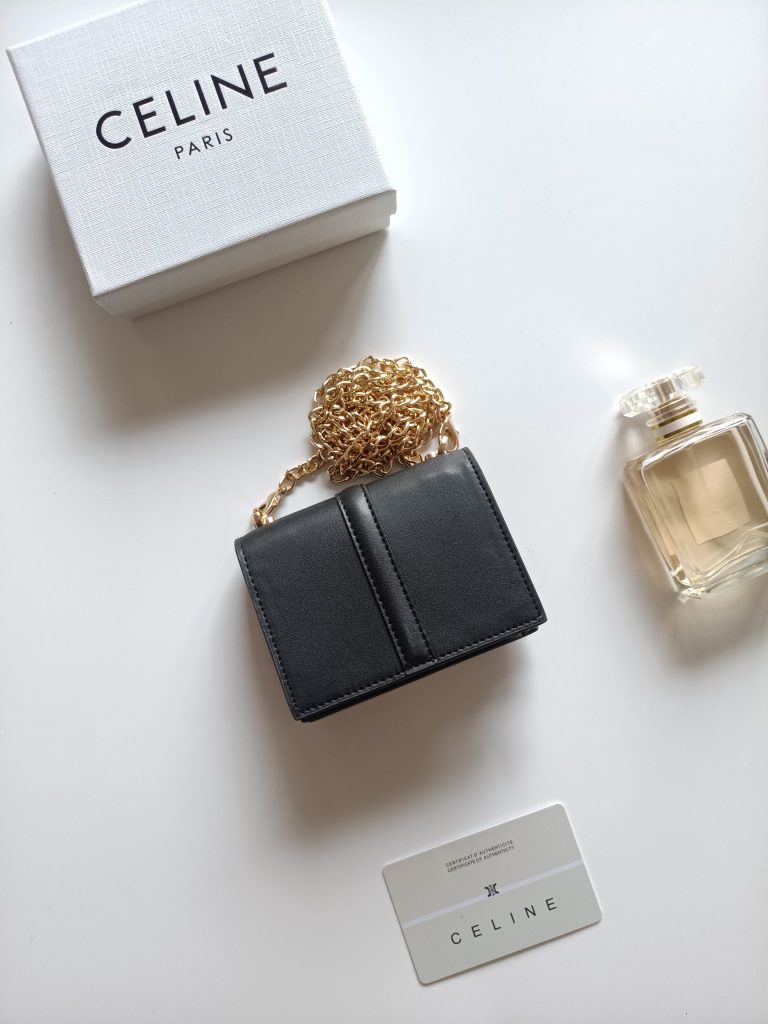 CELINE ブランド ポーチ ブラック チェーン付き キャンバス 2way ショルダー ウォレット - 画像 3