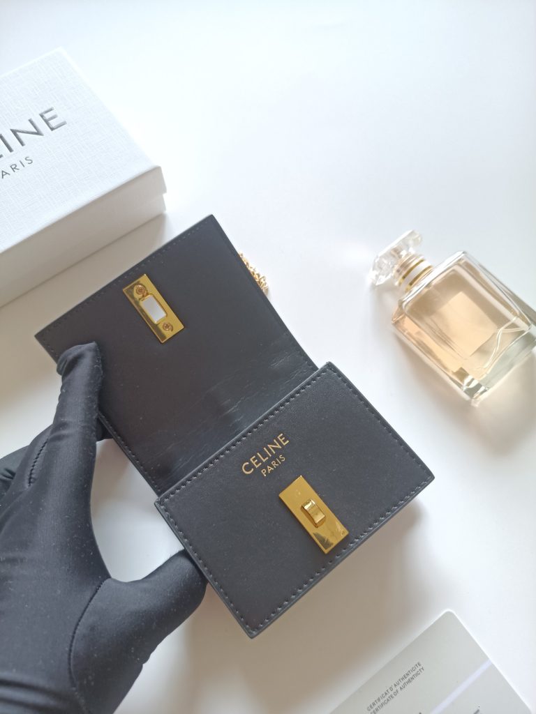 CELINE ブランド ポーチ ブラック チェーン付き キャンバス 2way ショルダー ウォレット - 画像 5