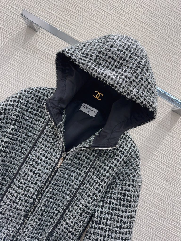 CHANEL チェック柄フード付きジャケット | ブラック/グレー 20% ラインウール 80% ポリエステル - 画像 2