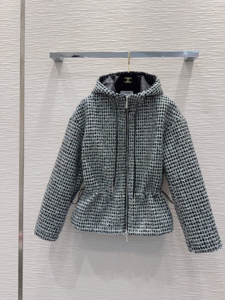 CHANEL チェック柄フード付きジャケット | ブラック/グレー 20% ラインウール 80% ポリエステル - 画像 3