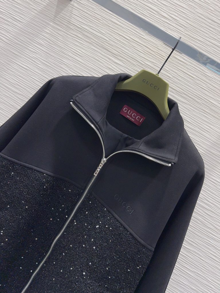 GUCCI 2025FW フードレスジャケット ファスナーフロント ブラック レザー/コットン混紡 - 画像 2