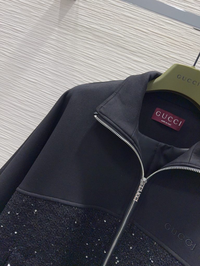 GUCCI 2025FW フードレスジャケット ファスナーフロント ブラック レザー/コットン混紡 - 画像 3