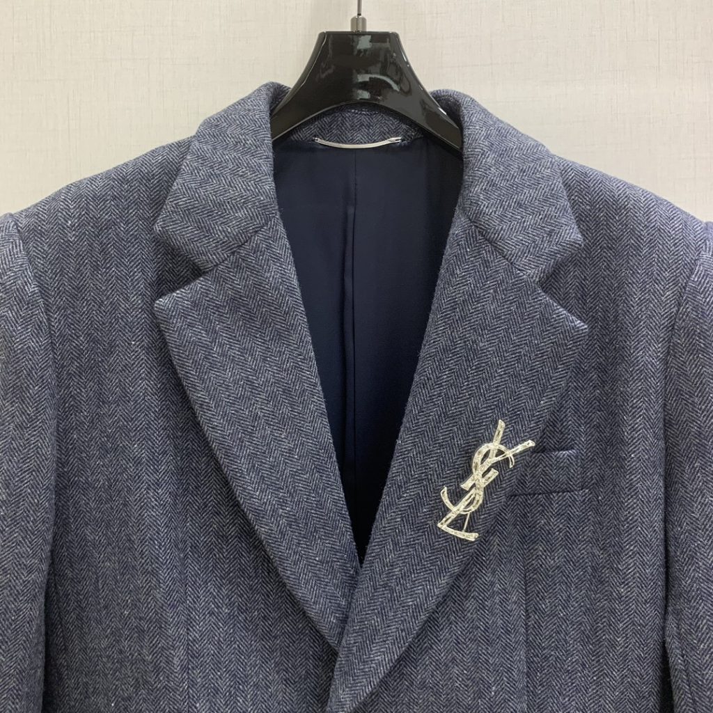 YSL 2025 メンズ ワーキングジャケット ヘリンボン柄 ブルー 60%羊毛 40%ポリエステル - 画像 4