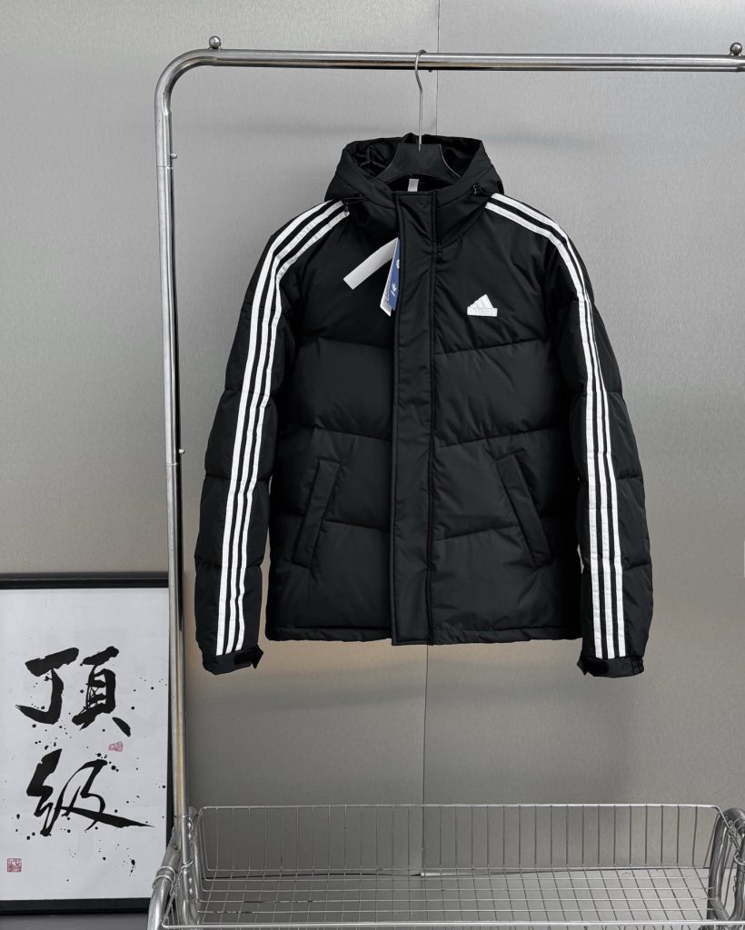 adidas ダウンジャケット パーカー 3本線デザイン 保温性抜群 ホワイト/ブラック/グレー レザー調素材 - 画像 7