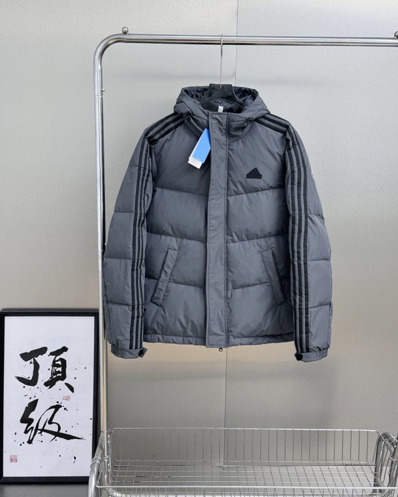 adidas ダウンジャケット パーカー 3本線デザイン 保温性抜群 ホワイト/ブラック/グレー レザー調素材 - 画像 8