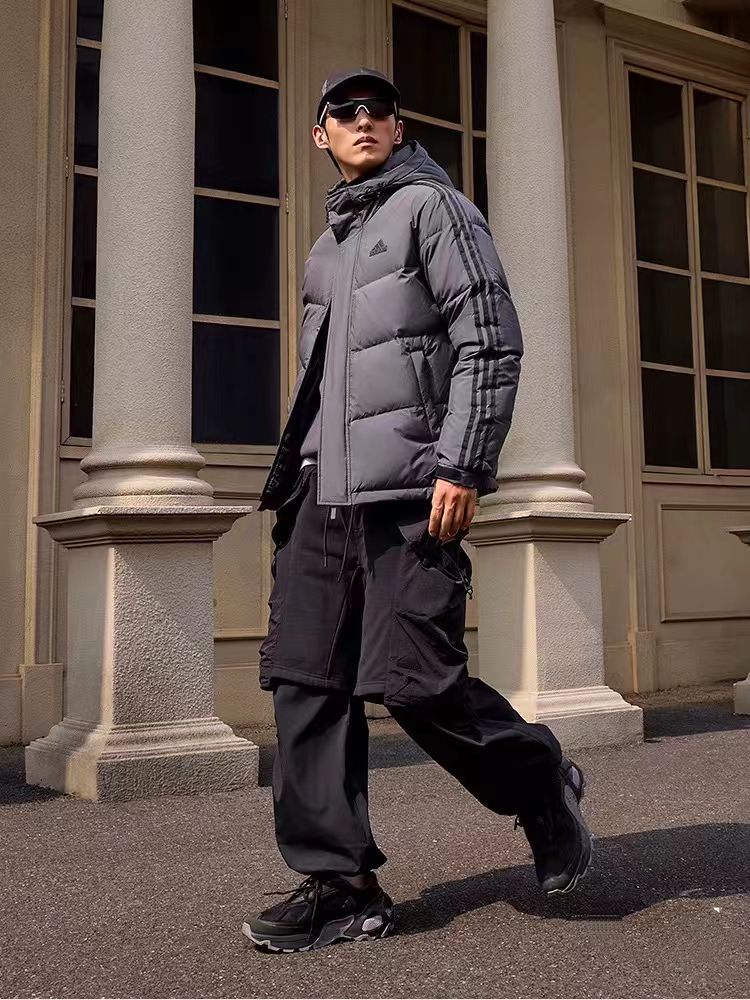 ADIDAS ダウンジャケット 3ストライプス フード付き 通勤カジュアル ホワイト/ブラック/グレー ナイロン - 画像 2