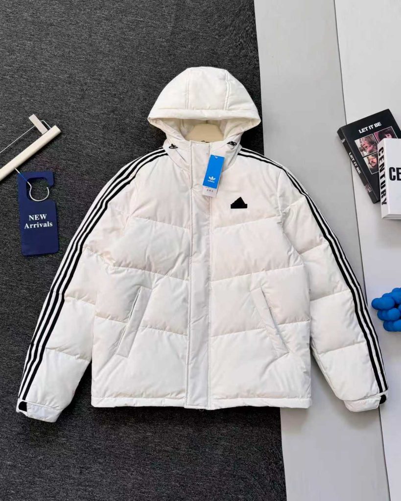 adidas ダウンジャケット 3ストライプス フード付き 軽量 通勤カジュアル ブラック/ホワイト/グレー 全3色 - 画像 5