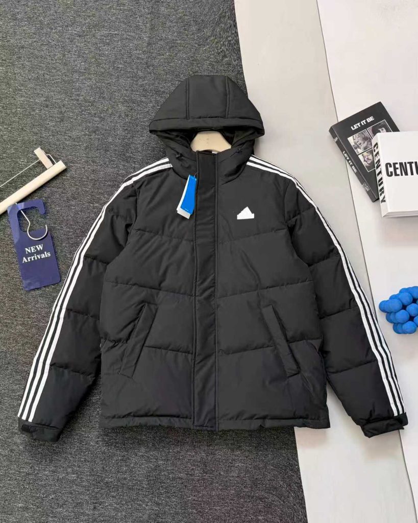 adidas ダウンジャケット 3ストライプス フード付き 軽量 通勤カジュアル ブラック/ホワイト/グレー 全3色 - 画像 7