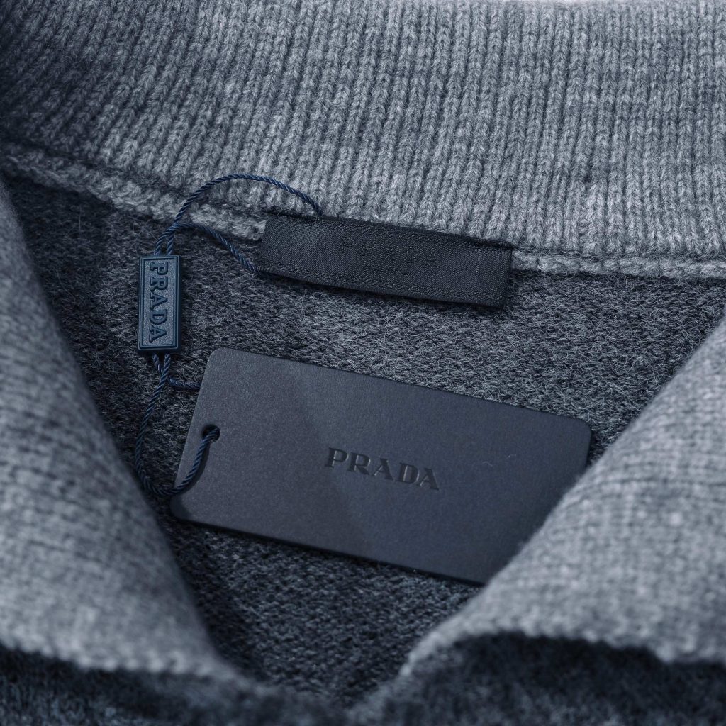 PRADA ニット ジャケット ロゴパッチ付 ポロカラー メンズ ブラック/グレー/ベージュ レザー付き - 画像 7