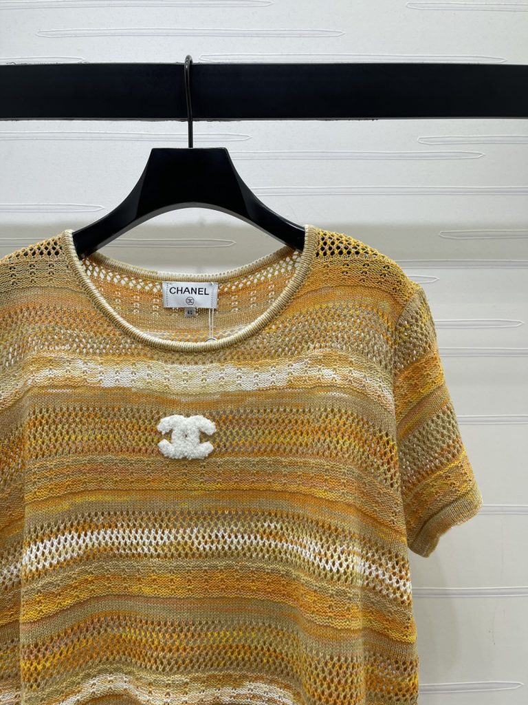 CHANEL シャネル ニット Tシャツ レディース 渐变条纹 ロックデザイン ワンポイント刺繍 イエロー ベージュ - 画像 2