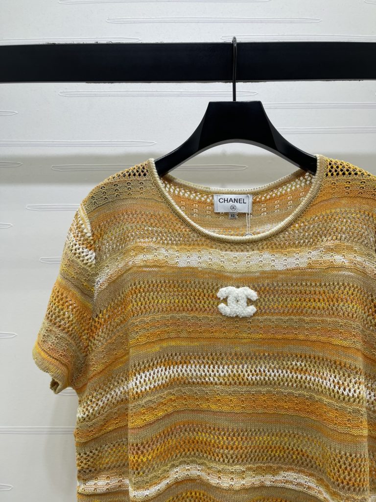 CHANEL シャネル ニット Tシャツ レディース 渐变条纹 ロックデザイン ワンポイント刺繍 イエロー ベージュ - 画像 3