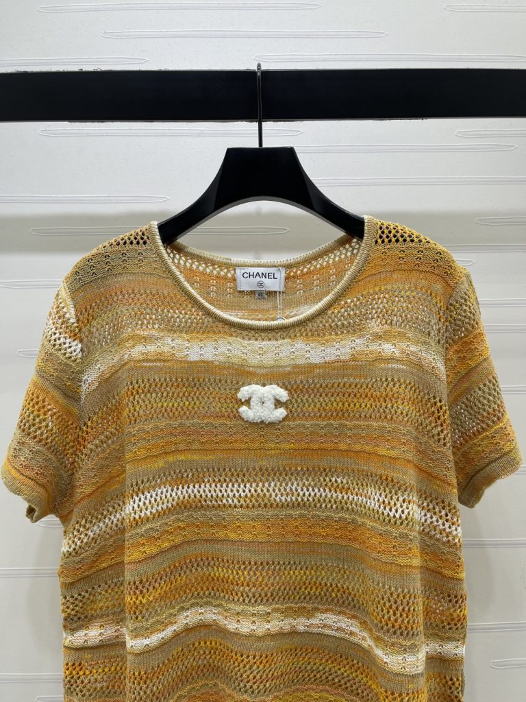 CHANEL シャネル ニット Tシャツ レディース 渐变条纹 ロックデザイン ワンポイント刺繍 イエロー ベージュ - 画像 4