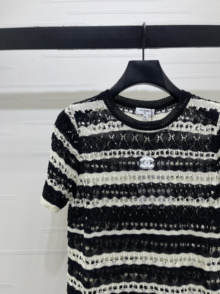 CHANEL シャネル ニット Tシャツ レディース ロング丈 デザイン ブラック ホワイト - 画像 3