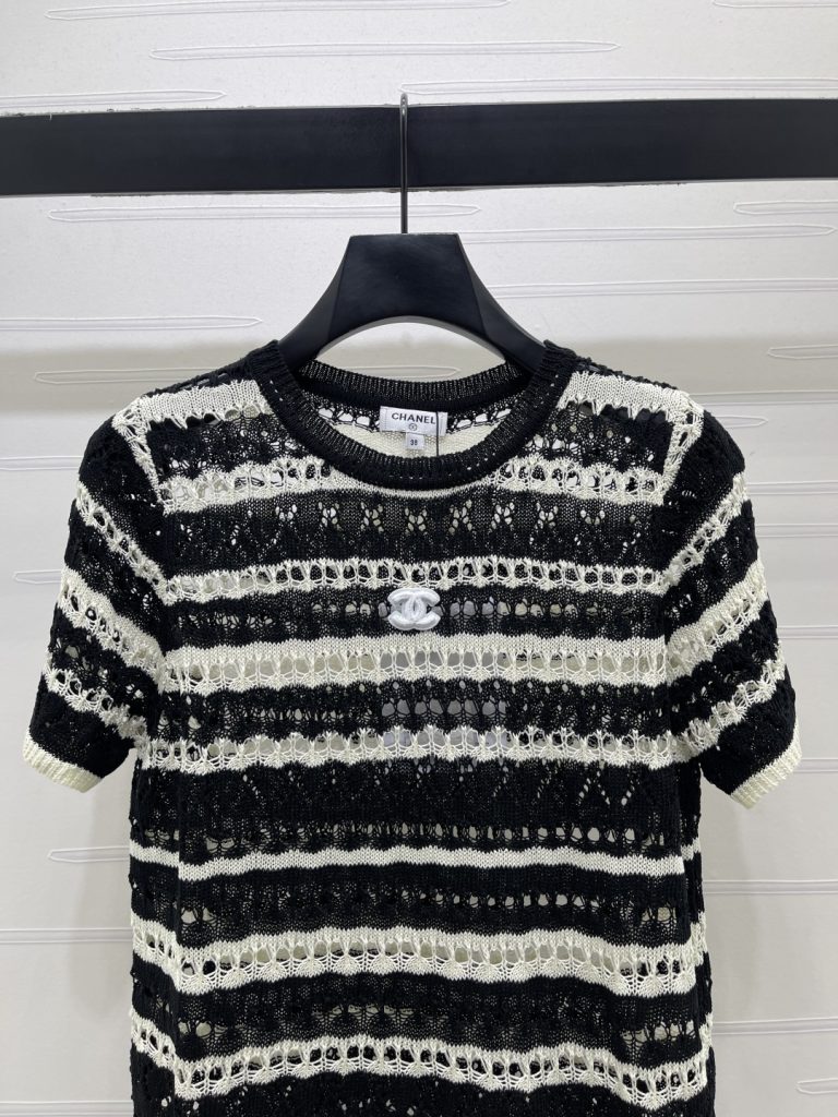 CHANEL シャネル ニット Tシャツ レディース ロング丈 デザイン ブラック ホワイト - 画像 4
