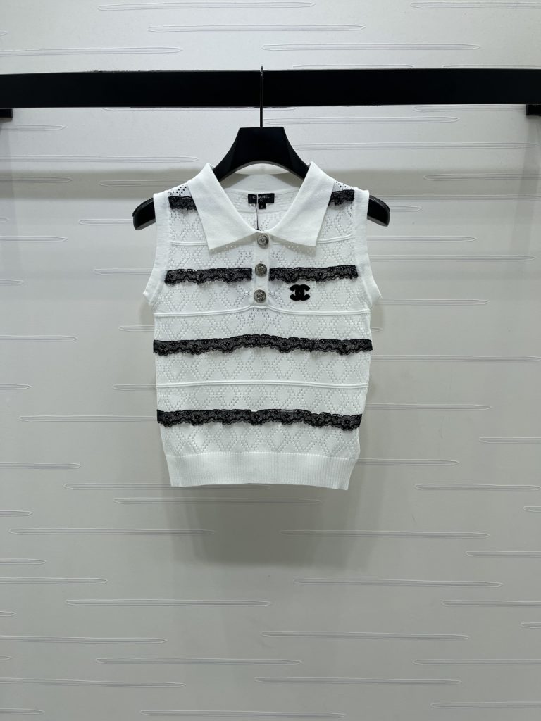 CHANEL シャネル ニット レディース ポロネック レースライン ホワイト/ブラック 全2色 - 画像 2