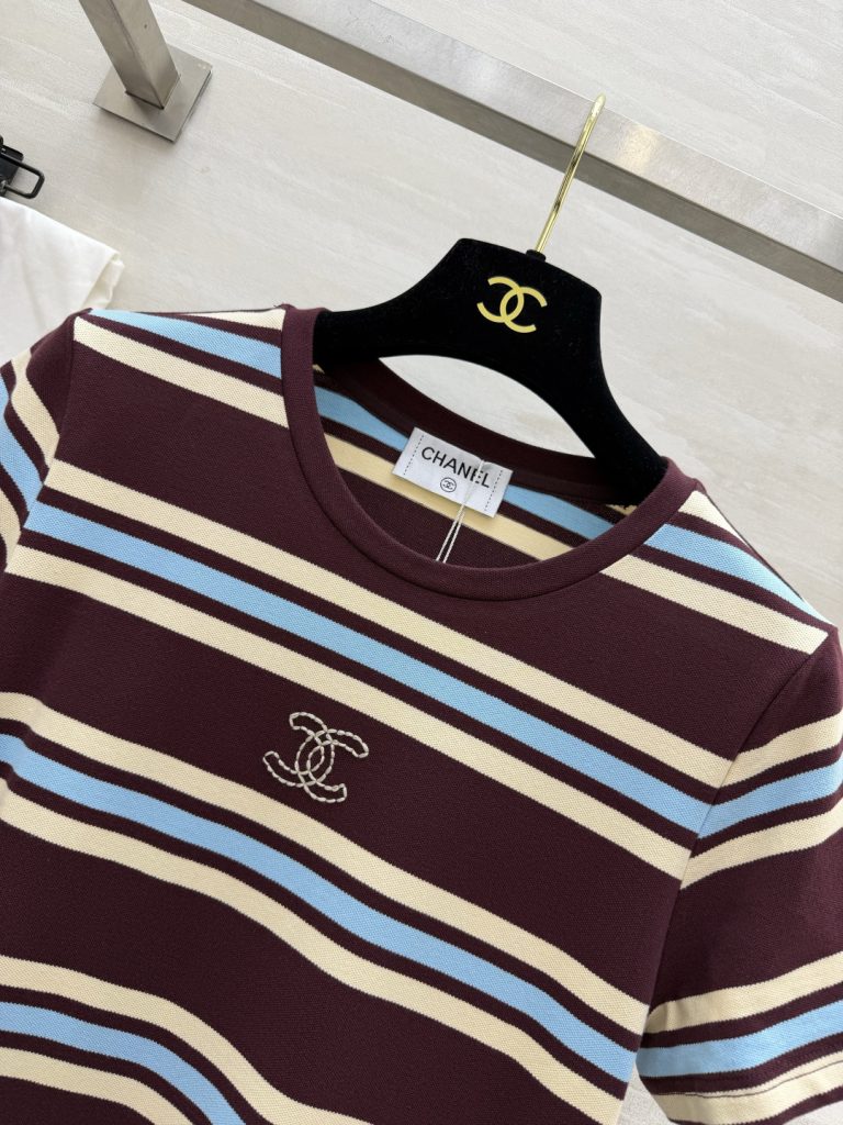CHANEL シャネル リブストライ프Tシャツワンピース レディース 丸首 H型 ハイネック デザイン ブラウン×ブルー - 画像 3