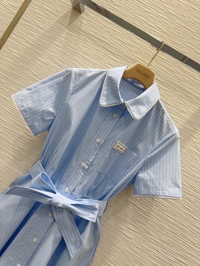 MIU MIU ミウミウ ワンピース レディース 綿100% ポケット フリル ベルト付 ブルー - 画像 2