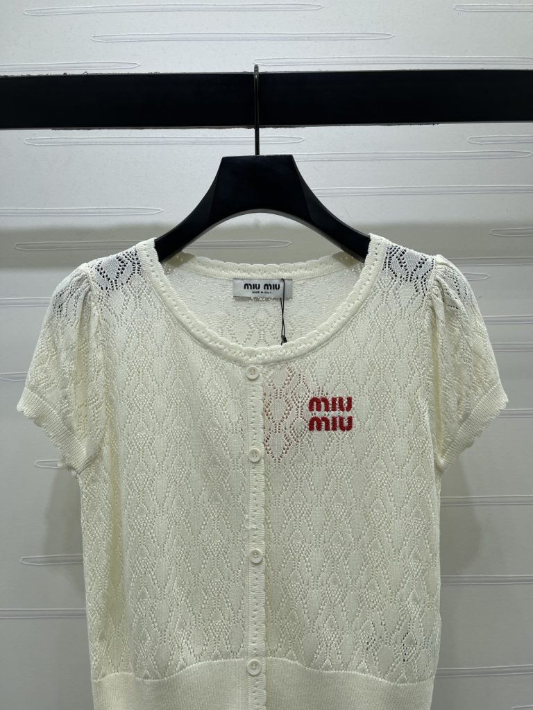 MIU MIU ミウミウ ニット Tシャツ レディース レース バイカラー 刺繍 ホワイト - 画像 4