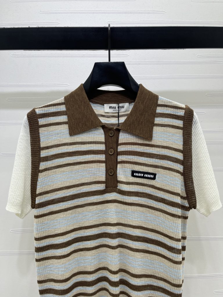 MIU MIU ミウミウ ニット Tシャツ メンズ ポロシャツ 通気性 袖が白い 綿混 ブラウン ホワイト - 画像 4