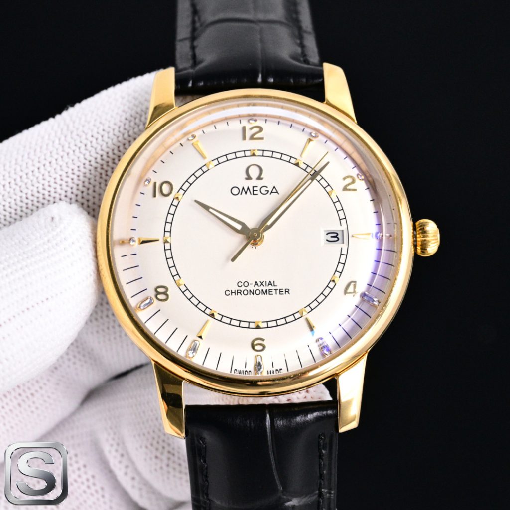 OMEGA オメガ 時計 コピー 金ベゼル 白文字盤 メンズ 42mm ロレックス風 ロゴ入り - 画像 2