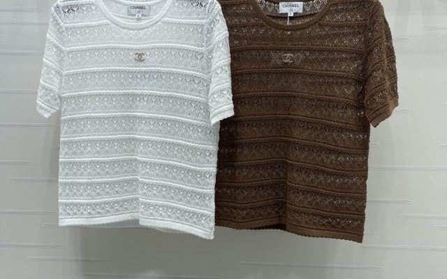 CHANEL コピー ニットTシャツ レディース 通気性抜群のレースデザイン 半袖 オーガンジー風 ホワイト ブラウン
