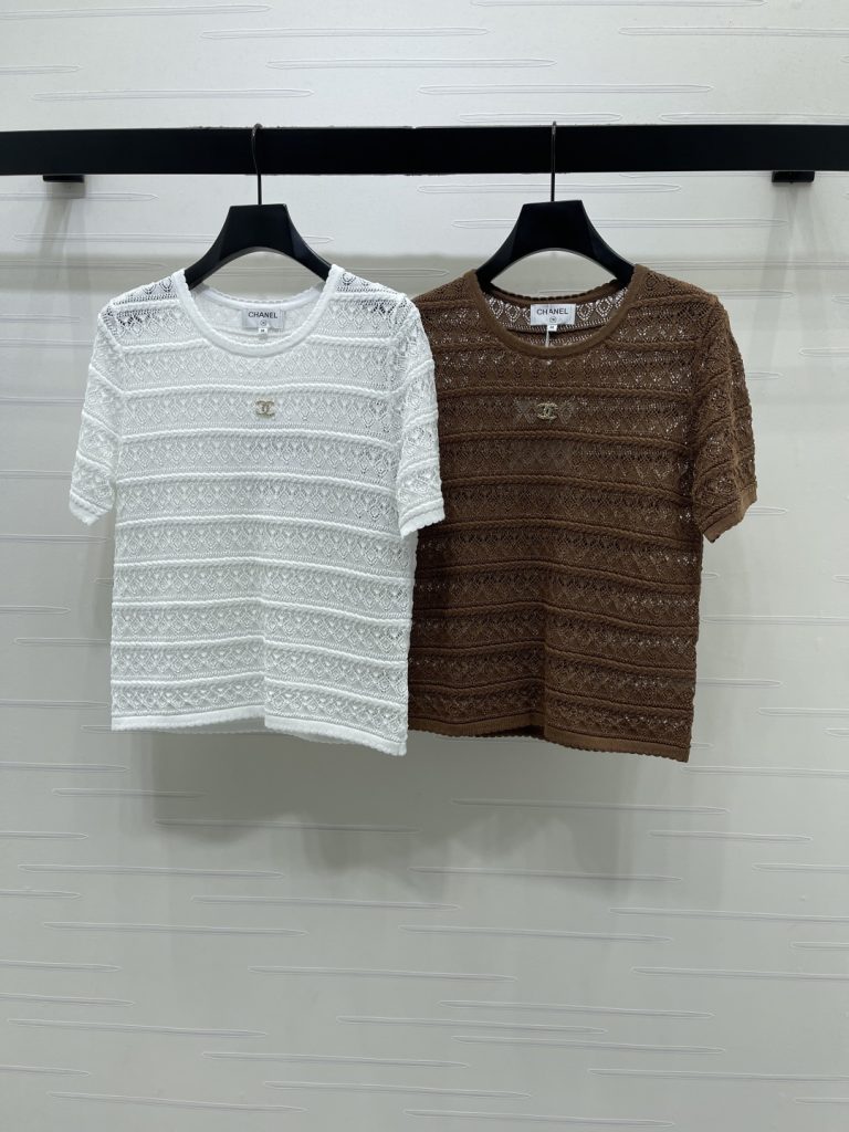 CHANEL コピー ニットTシャツ レディース 通気性抜群のレースデザイン 半袖 オーガンジー風 ホワイト ブラウン