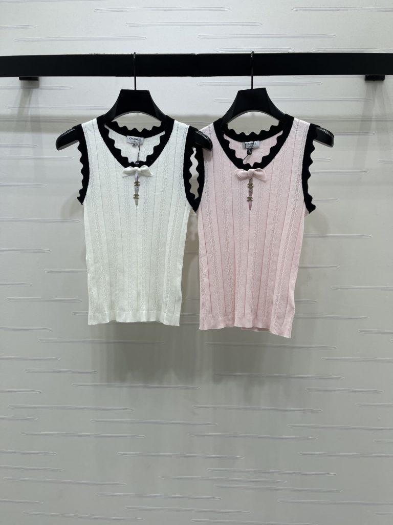 CHANEL コピー ニット サイドリブ フラワーレース バンドネック レディース 半袖 カーディガン 白/ピンク 2色展開