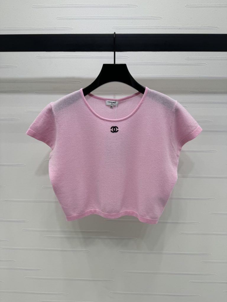 CHANEL ニット Tシャツ コピー ロゴ刺繍 細身シルエット 半袖 ピンク 全3色展開