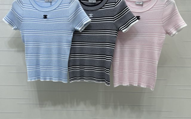 CHANEL コピー ニットTシャツ 撞色ストライプ ロゴデザイン 3色展開 通勤 レディース